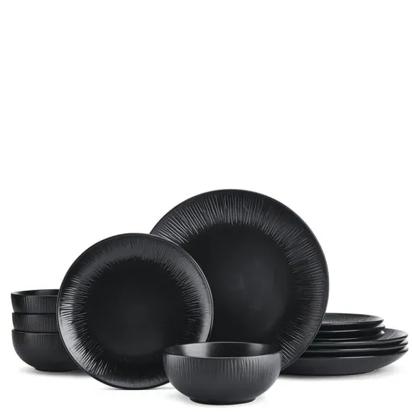 12-Piece Dinner Set Debossed - Black, Stoneware