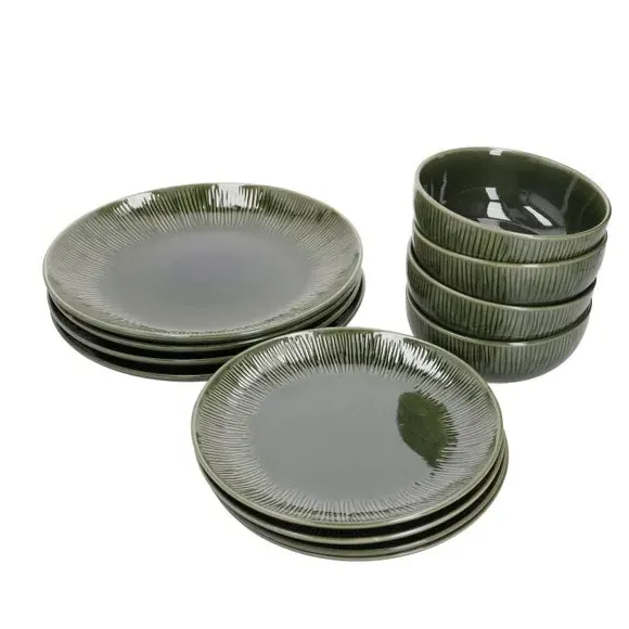 12-Piece Dinner Set with Leaf Pattern - Green