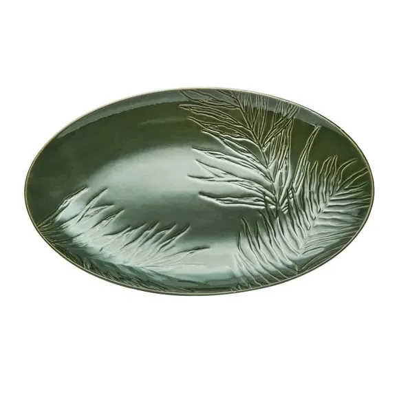 Oval Serving Platter with Leaf Pattern - Green
