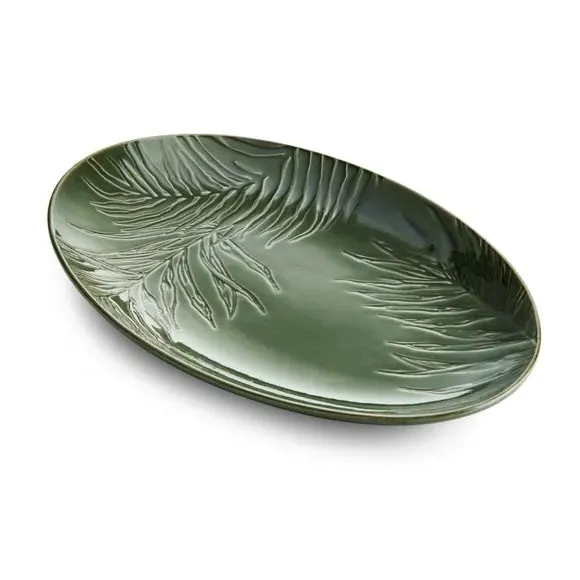 Oval Serving Platter with Leaf Pattern - Green