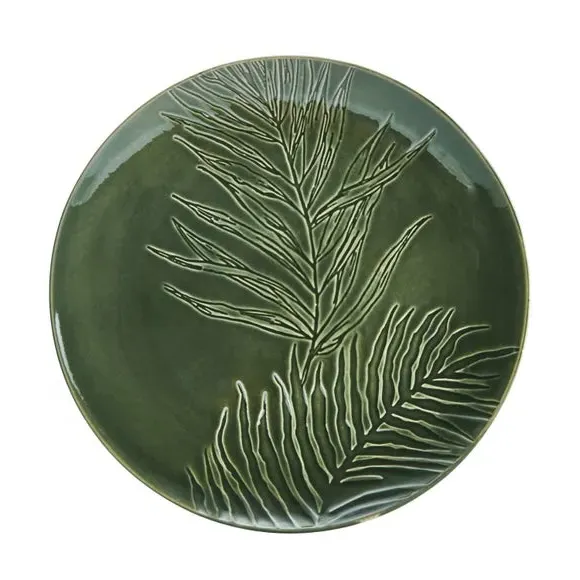 Round Serving Platter with Leaf Texture - Green