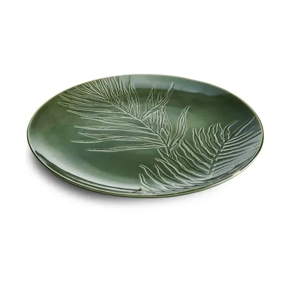 Round Serving Platter with Leaf Texture - Green