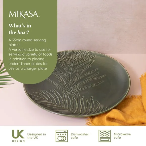 Round Serving Platter with Leaf Texture - Green