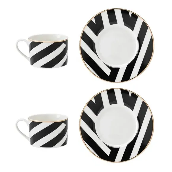 Set of 2 Teacups & Saucers - Black/White, China