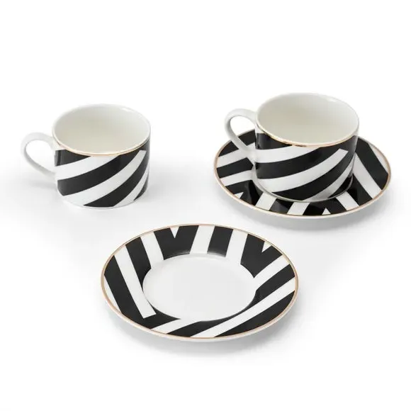 Set of 2 Teacups & Saucers - Black/White, China
