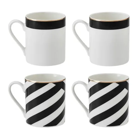Set of 4 Mugs with Gold Rim - Black, Fine China