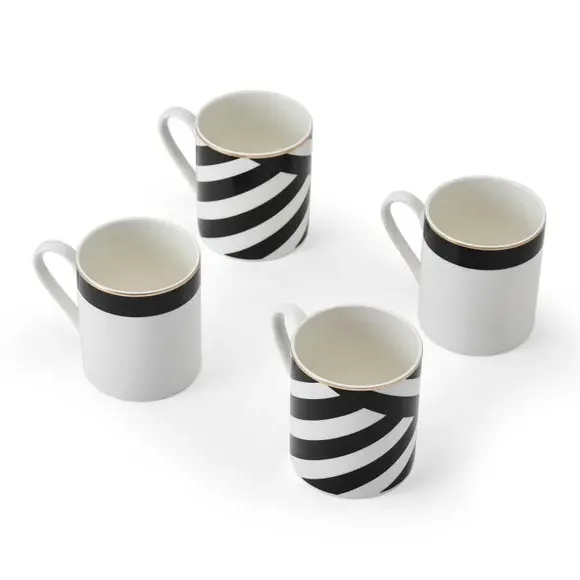 Set of 4 Mugs with Gold Rim - Black, Fine China