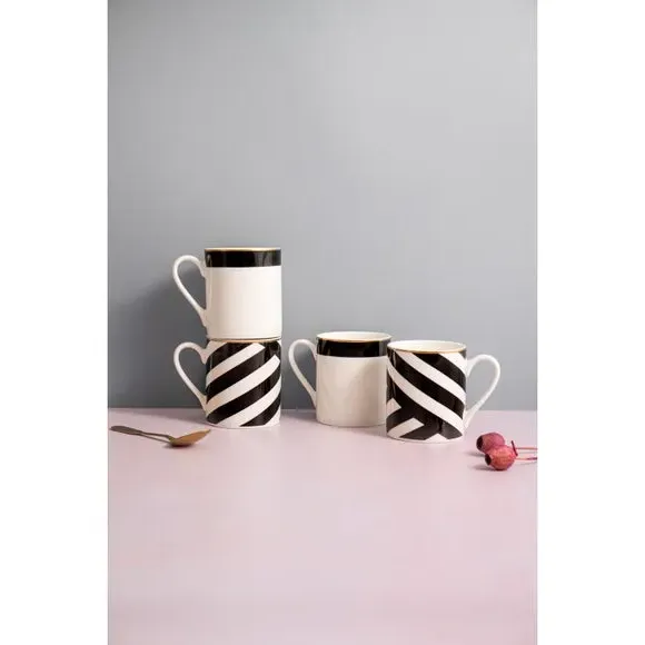 Set of 4 Mugs with Gold Rim - Black, Fine China image