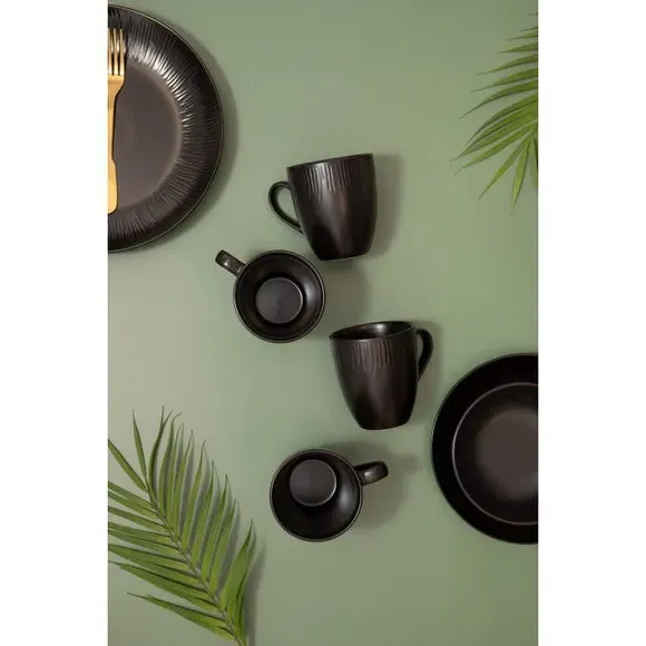 Set of 4 Mugs with Leaf Texture - Black, Stoneware