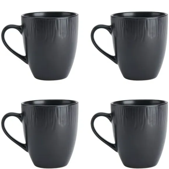 Set of 4 Mugs with Leaf Texture - Black, Stoneware