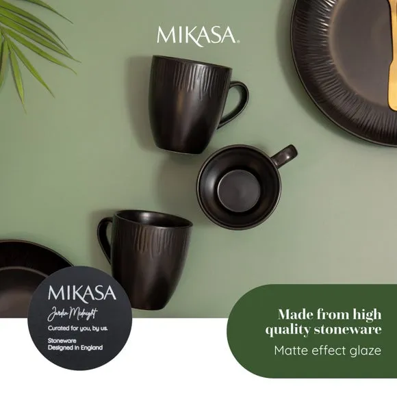 Set of 4 Mugs with Leaf Texture - Black, Stoneware