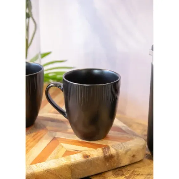 Set of 4 Mugs with Leaf Texture - Black, Stoneware image