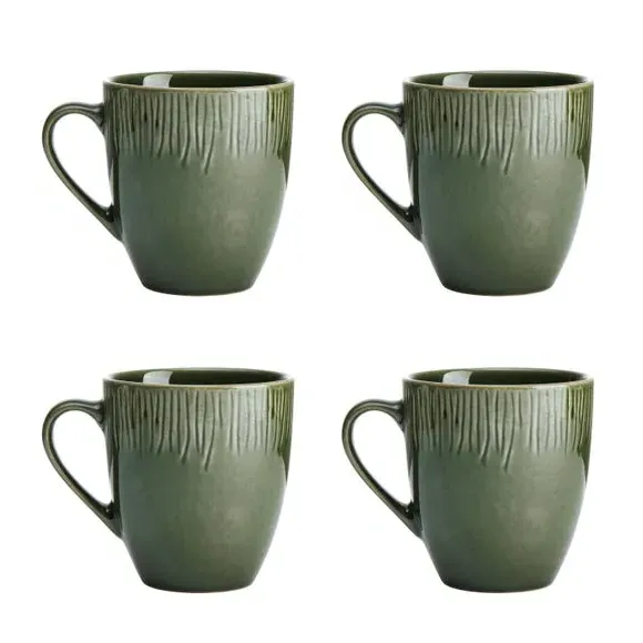 Set of 4 Mugs with Leaf Texture - Green, Stoneware