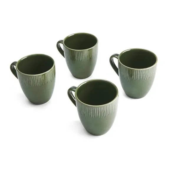 Set of 4 Mugs with Leaf Texture - Green, Stoneware