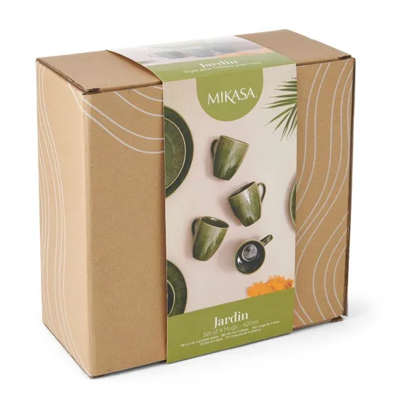 Set of 4 Mugs with Leaf Texture - Green, Stoneware