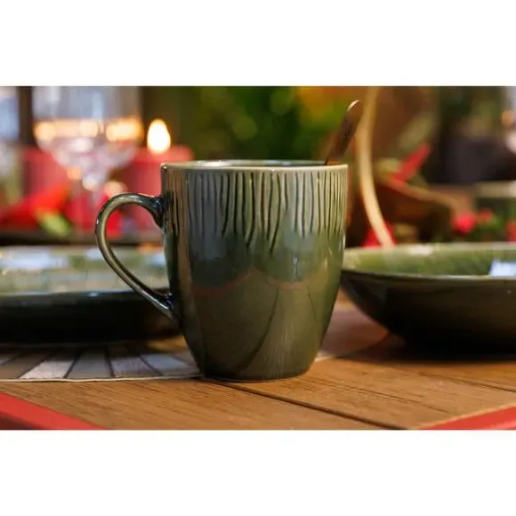Set of 4 Mugs with Leaf Texture - Green, Stoneware image