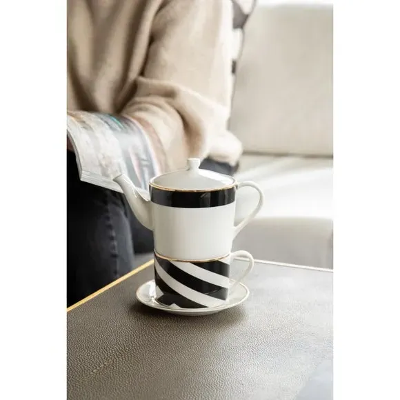 Tea for One Set with Gold Trim - Black, China