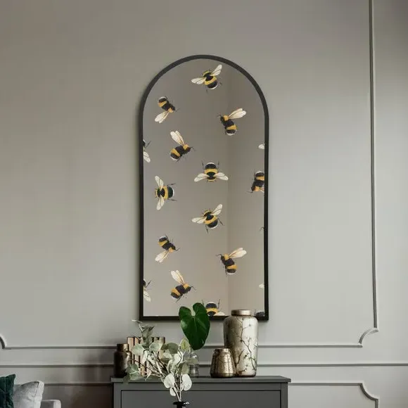 Arched Wall Mirror with Bee Decals - Black, Metal image