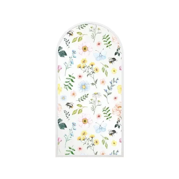 Arched Wall Mirror with Floral Decals - White Metal