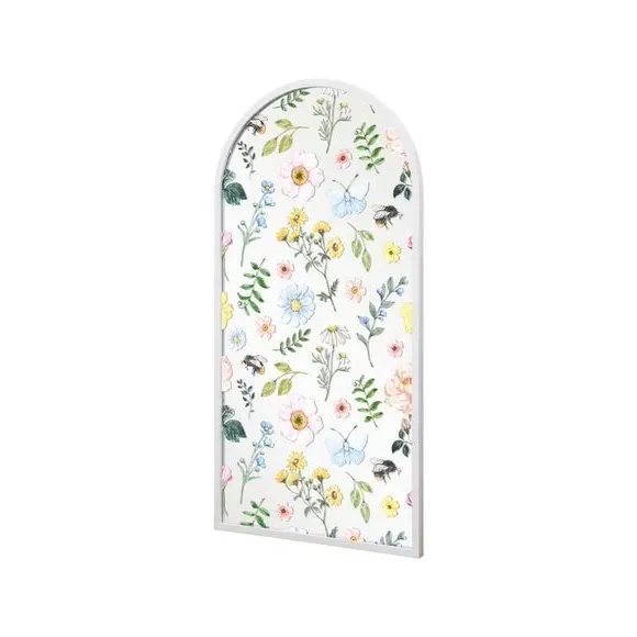 Arched Wall Mirror with Floral Decals - White Metal