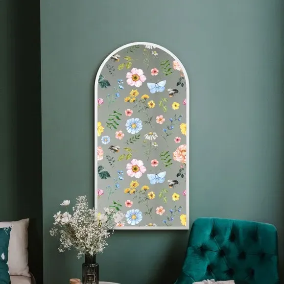 Arched Wall Mirror with Floral Decals - White Metal image