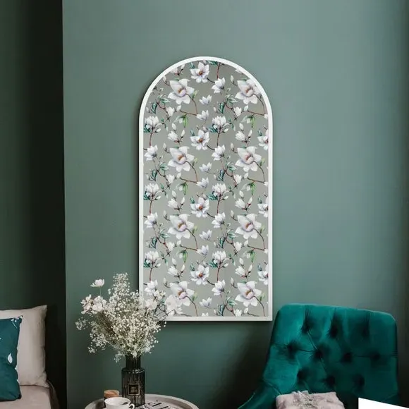 Arched Wall Mirror with Floral Decals - White