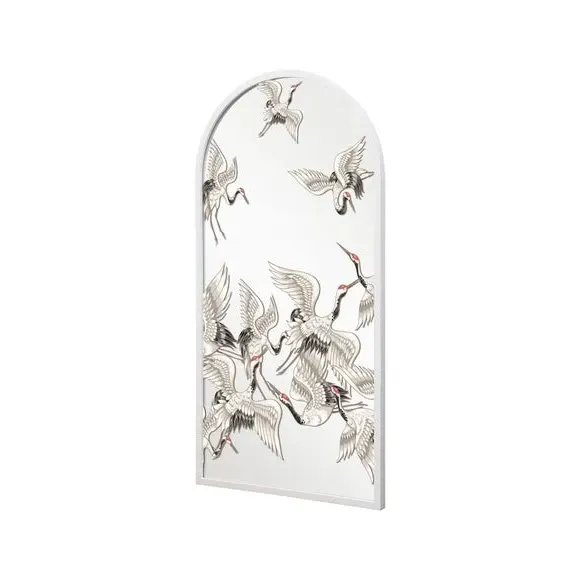 Arched Wall Mirror with Stork Decals - White, Metal