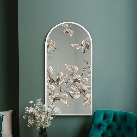 Arched Wall Mirror with Stork Decals - White, Metal image