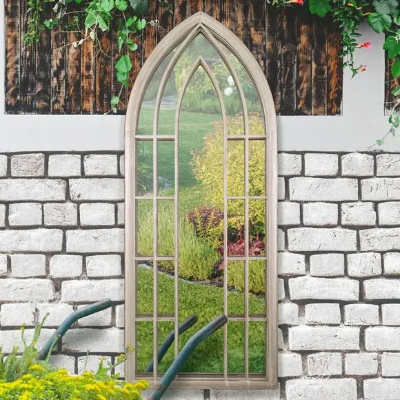 Arched Wall Mirror with Window Design - Natural, Iron image