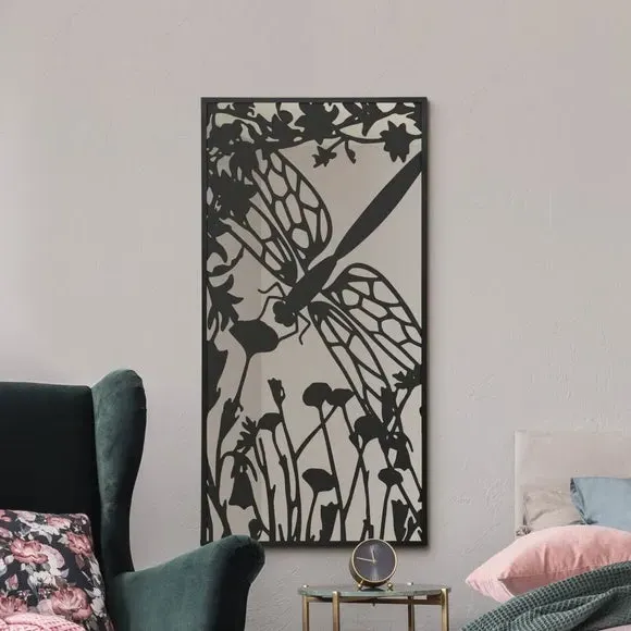 Rectangle Wall Mirror Dragonfly Design - Black Metal