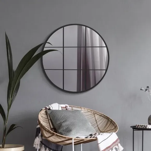 Round Wall Mirror Window Design - Black, Metal image