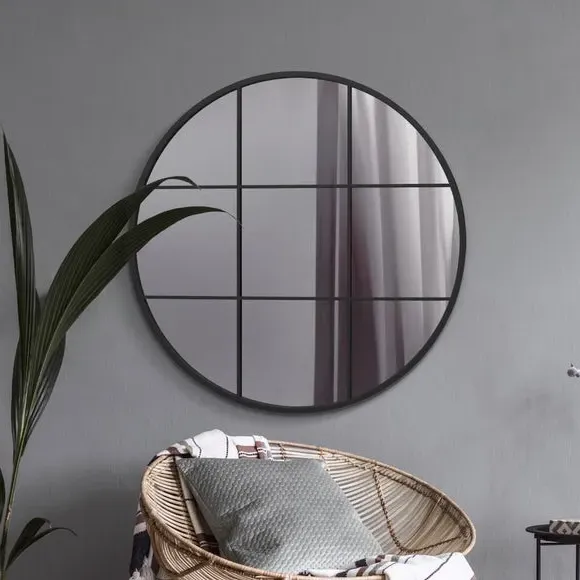 Round Wall Mirror Window Design - Black, Metal