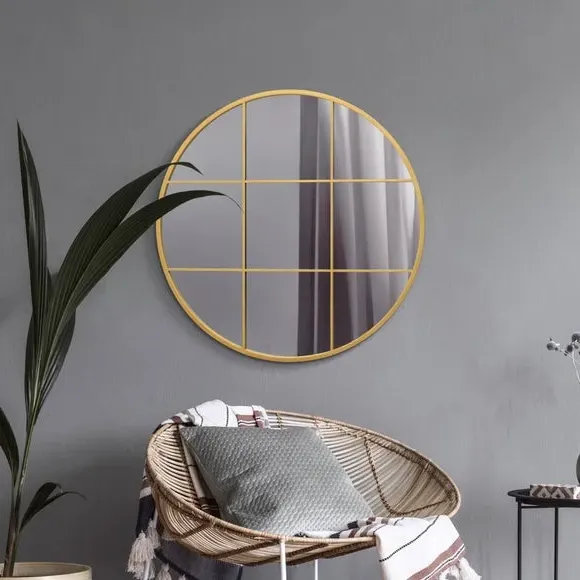Round Wall Mirror Window Design - Gold, Metal