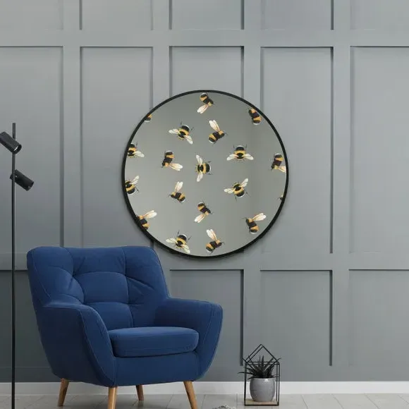 Round Wall Mirror with Bee Decals - Black, Metal image