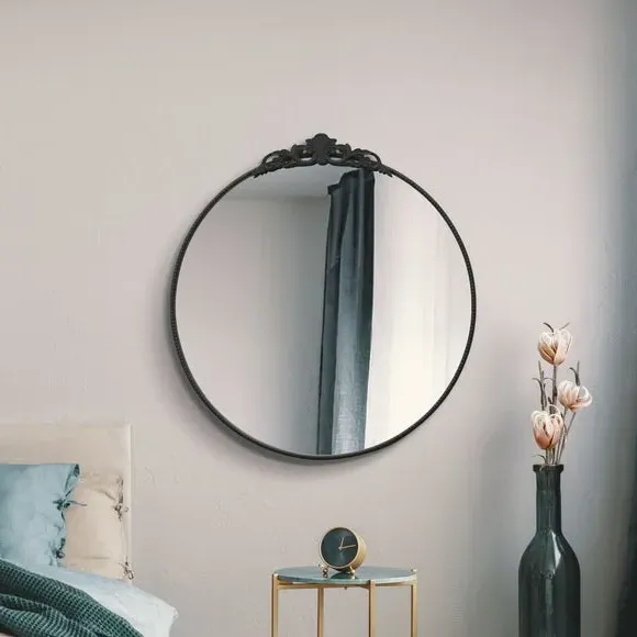 Round Wall Mirror with Crown Design - Black image