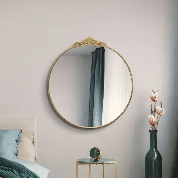 Round Wall Mirror with Crown Design - Gold
