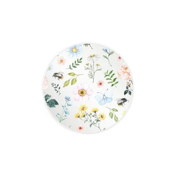 Round Wall Mirror with Floral Decals - White Metal