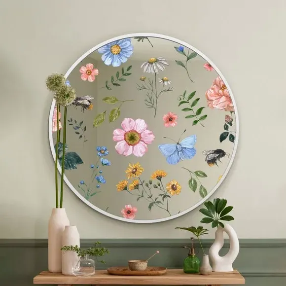 Round Wall Mirror with Floral Decals - White Metal