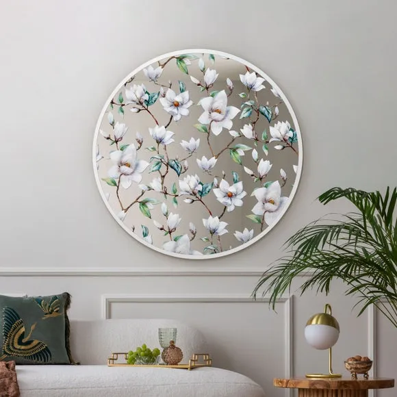 Round Wall Mirror with Floral Decals - White