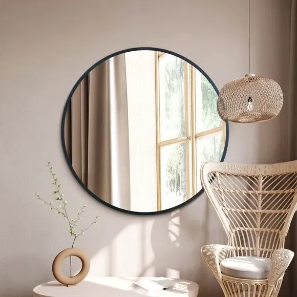 Round Wall Mirror with Metal Frame - Black