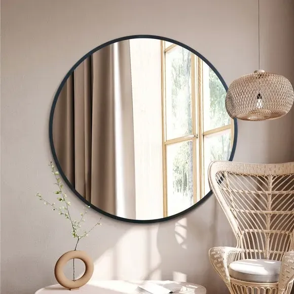 Round Wall Mirror with Metal Frame - Black