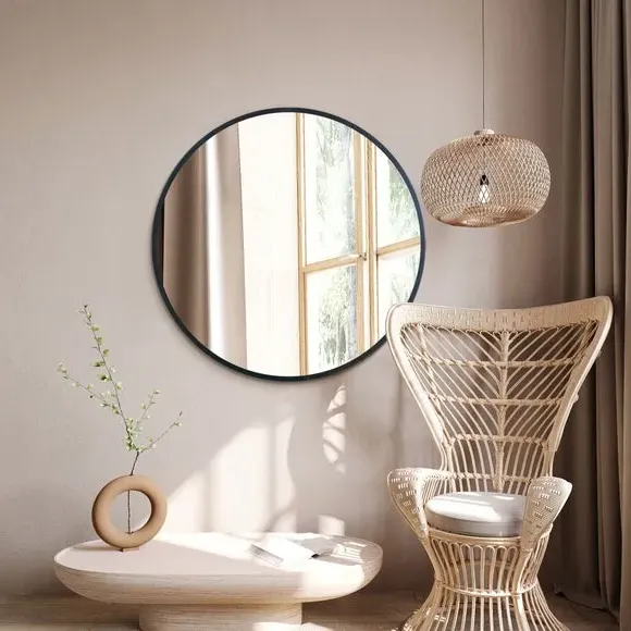 Round Wall Mirror with Metal Frame - Black