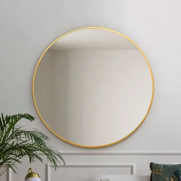 Round Wall Mirror with Metal Frame - Gold
