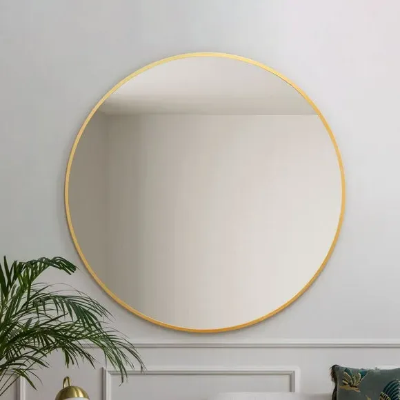 Round Wall Mirror with Metal Frame - Gold
