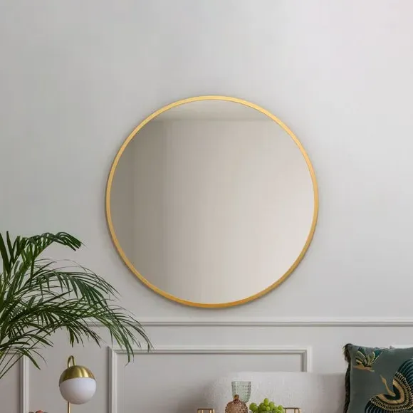 Round Wall Mirror with Metal Frame - Gold