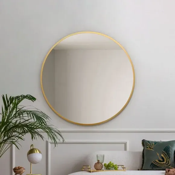 Round Wall Mirror with Metal Frame - Gold