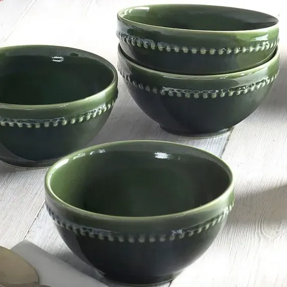 Set of 2 Cereal Bowls with Beaded Edge - Green