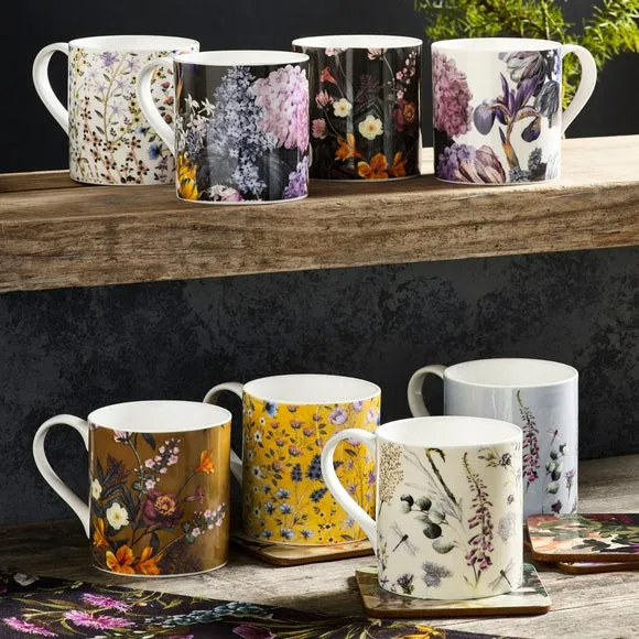 Set of 2 Mugs with Floral Design - White, Bone China