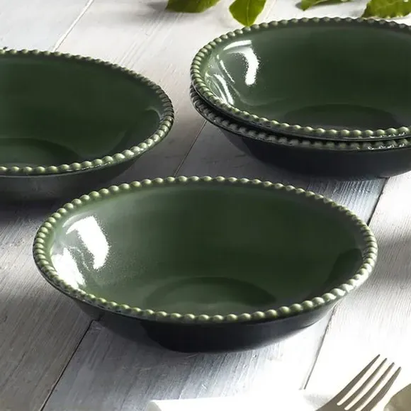 Set of 2 Pasta Bowls with Beaded Edge - Green