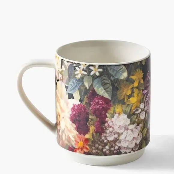 Set of 2 Stacking Mugs Floral Design - Black, China